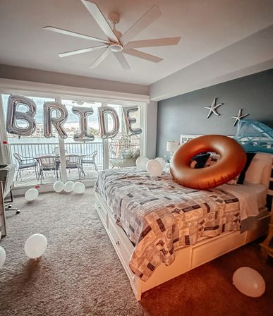 Pre-Arrival Party Setup & Kitchen Stocking with Backdrops, Neon Signs, Balloons, Room Deco, Floaties and more image 14