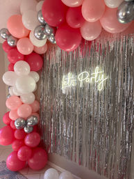 Pre-Arrival Party Setup & Kitchen Stocking with Backdrops, Neon Signs, Balloons, Room Deco, Floaties and more image