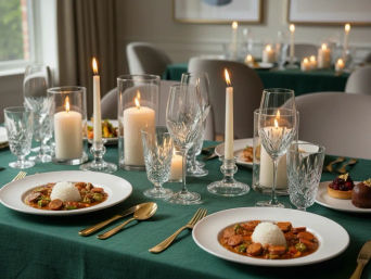 Elegant dining table with deep green tablecloth, crystal glassware and tumblers, gold cutlery, lit taper and pillar candles in glass holders, and white plates of rice-topped sausage stew with small desserts at the side — cozy formal dinner setting.