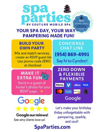 Bright promotional flyer for mobile spa parties with colorful blocks describing build‑your‑own packages, concierge booking, RSVP photo option, flexible payments, five‑star Google reviews, and spa stones.