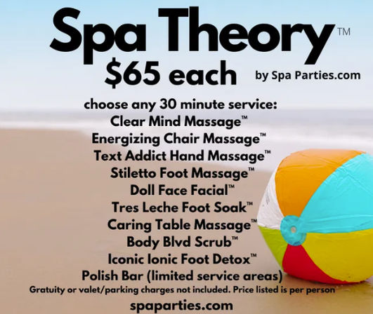 Beach-themed spa promotion poster advertising $65 each for any 30-minute service, listing treatments like Clear Mind massage, chair and hand massages, foot massage and soak, facial, table massage, body scrub, ionic foot detox and polish bar, with a colorful beach ball on sand.