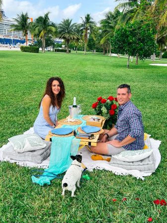 Romantic picnic in a tropical waterfront park with palm trees — two people seated on a blanket at a low wooden table set with blue plates, champagne bucket and red roses, with a small black-and-white dog and a cruise ship in the background.