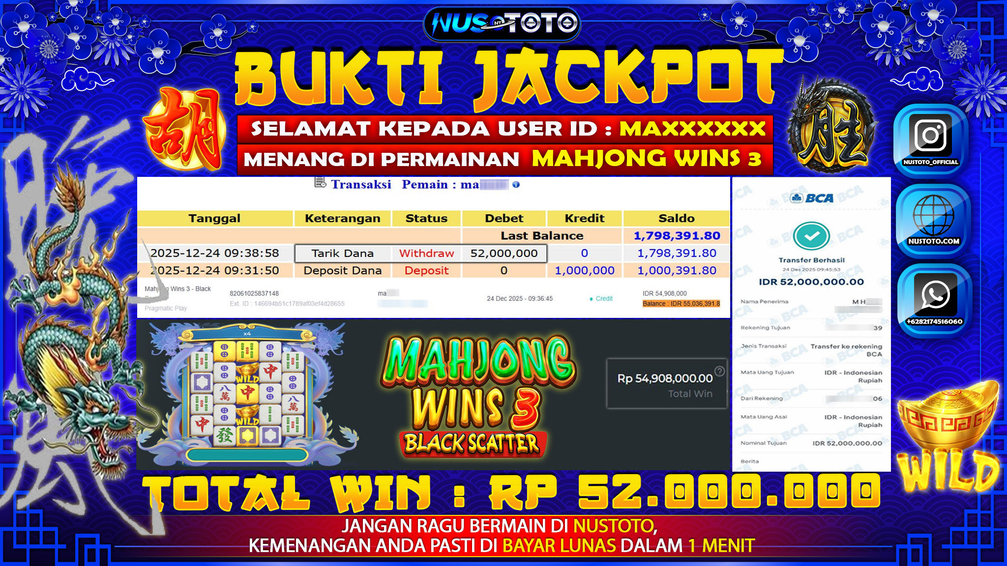 JACKPOT !! MENANG BESAR DI SLOT MAHJONG WINS 3 Rp. 52.000.000 LANGSUNG DI BAYAR LUNAS NUSTOTO !!