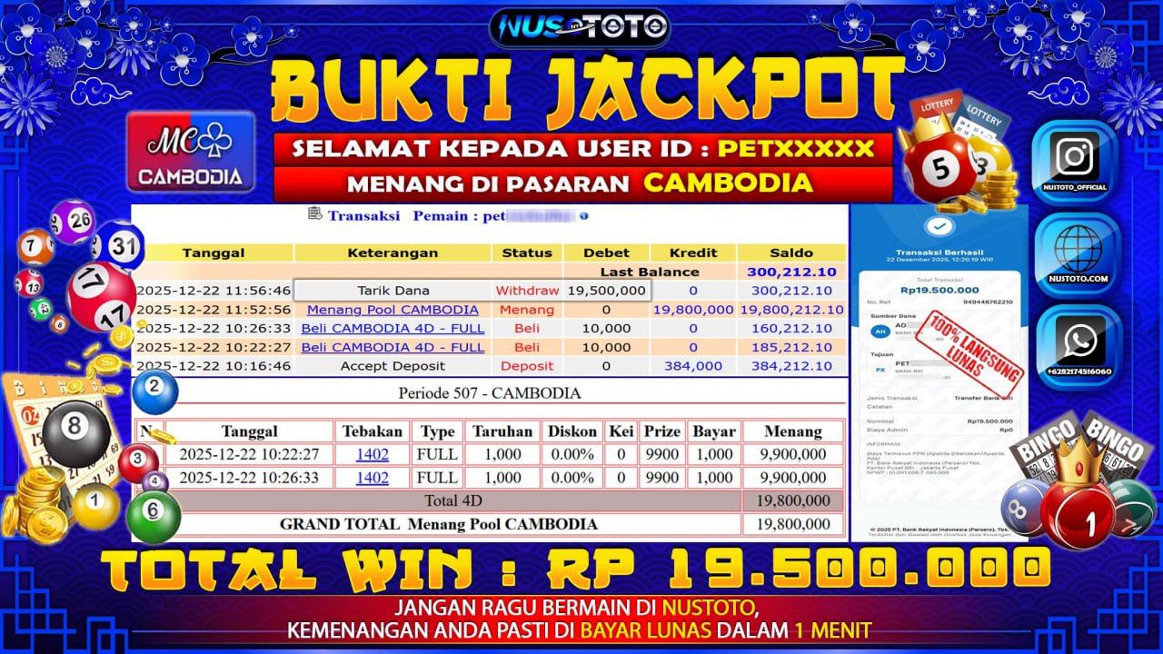 JACKPOT !! MENANG BESAR DI TOGEL CAMBODIA Rp. 19.500.000 LANGSUNG DI BAYAR LUNAS NUSTOTO !!