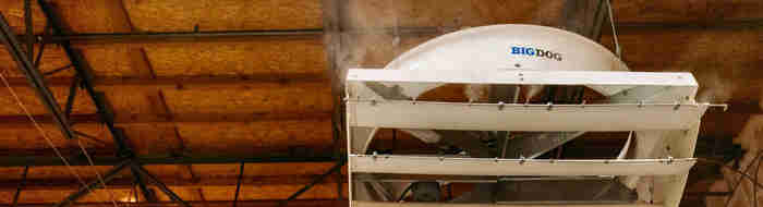 Big Fogg industrial misting system cooling a warehouse worksite