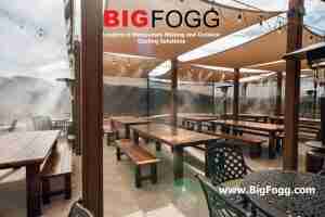 stainless steel patio misting system around restaurant tables with tents, Restaurant misting and outdoor cooling solutions