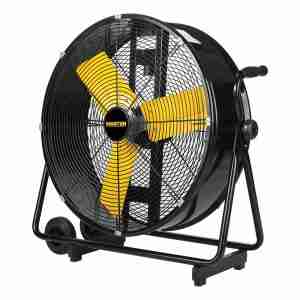 side view of 24” High Velocity Tillable Direct Drive Barrell Fan with 3 yellow blades
