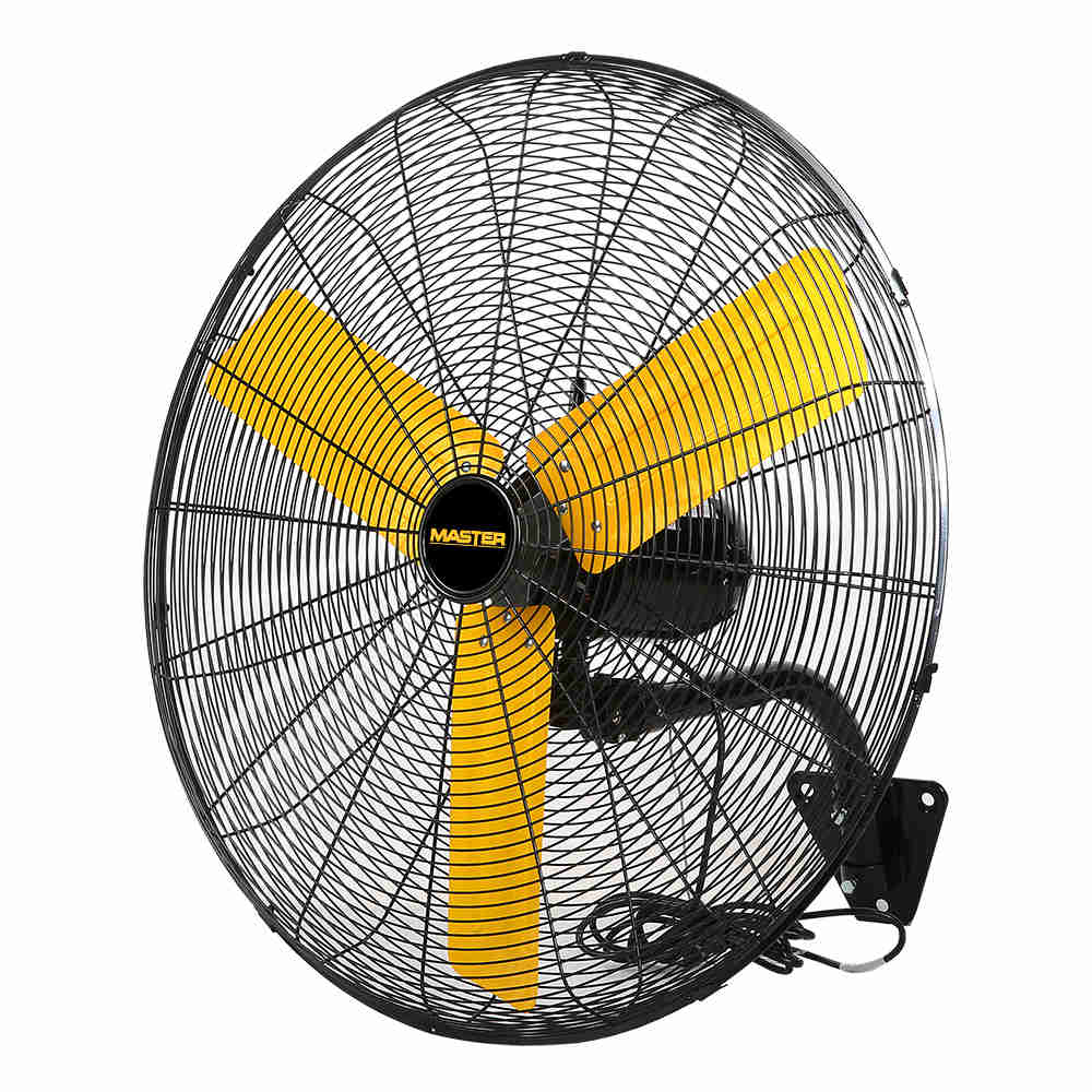 Yellow bladed, 3 winger 24” Master Industrial Wall Mount Fan