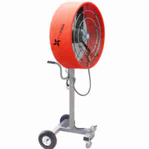 side view of red coloured 30″ “Work Zone” Misting Fan