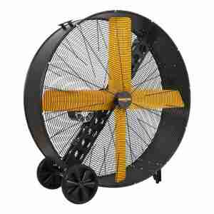 front view of 48” Master High Capacity Belt Driven Barrell Fan with 4 yellow blades