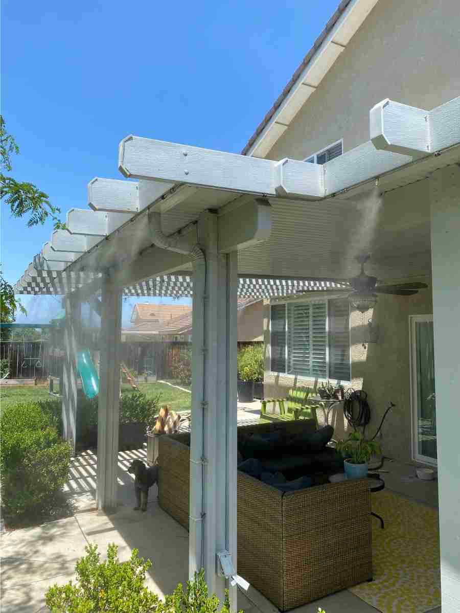 Big Fogg high-pressure patio misting system installed for outdoor cooling