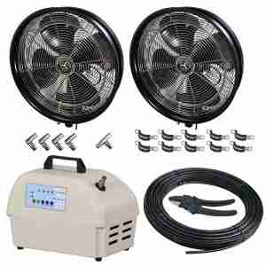 2 misting fan package (black) along with 1 nylon hose cutter, 4- elbow connectors, 10 hose clamps , 1 Tee Coupler pump,