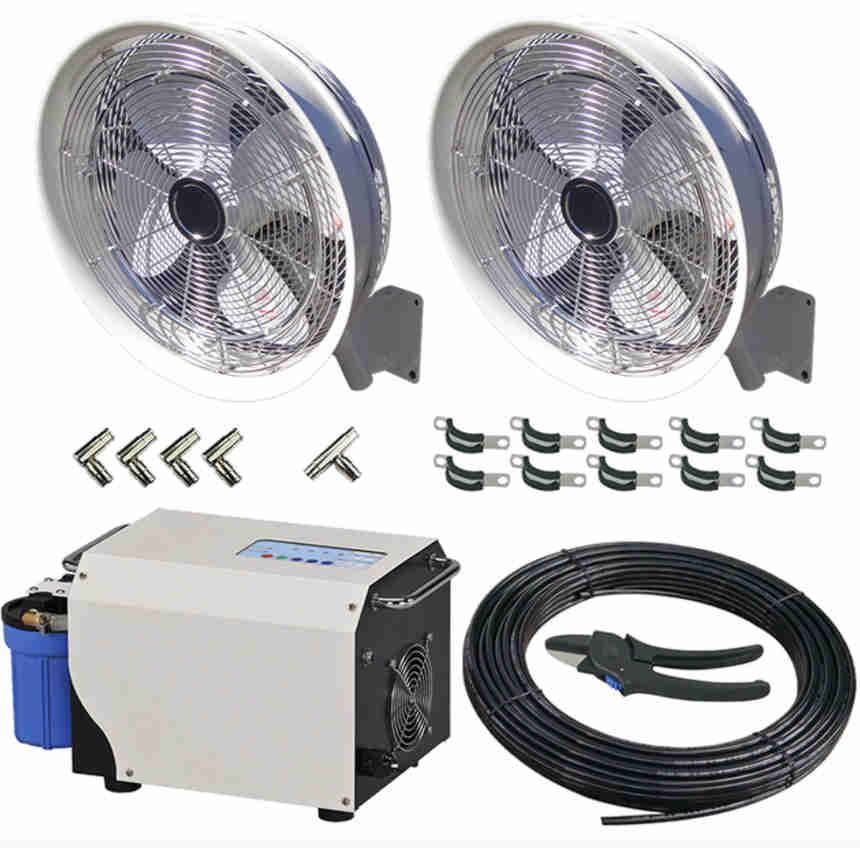 2 misting fan package along with 1 nylon hose cutter, 4- elbow connectors, 10 hose clamps , 1 Tee Coupler pump,