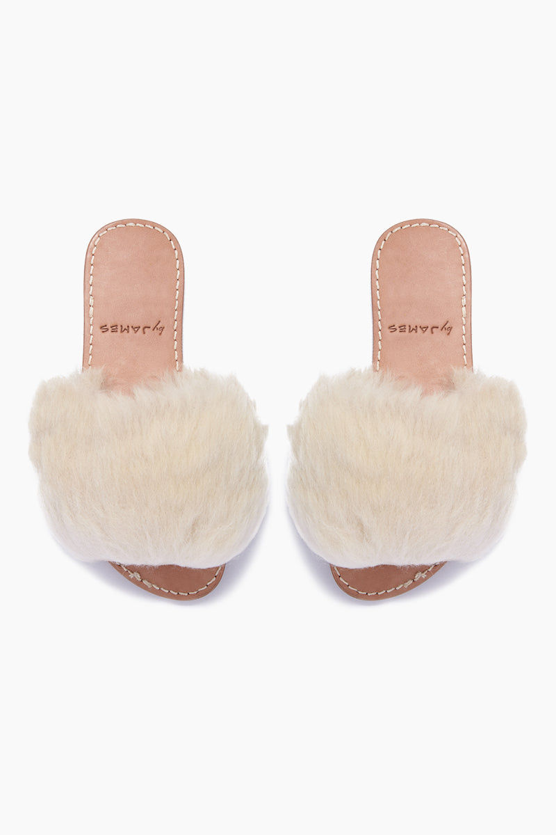 white fur flip flops