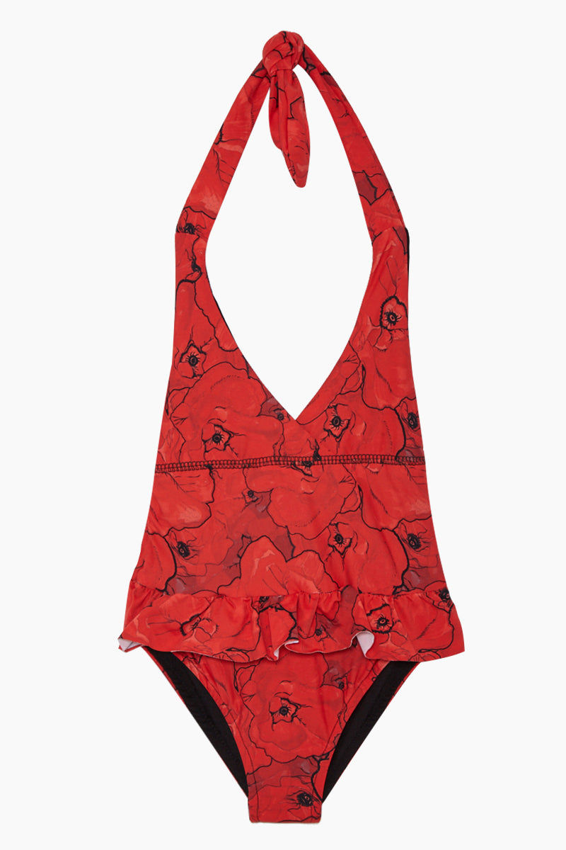 Maylana Kids Nikki Halter One Piece Swimsuit Kids Red Poppies Print Bikini Com