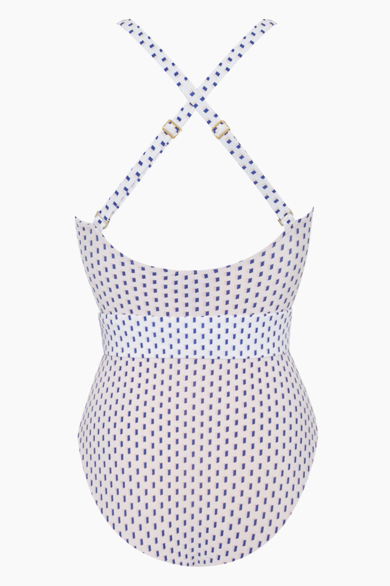 EVARAE Cassandra Belted One Piece Swimsuit - White & Blue Dot Print ...