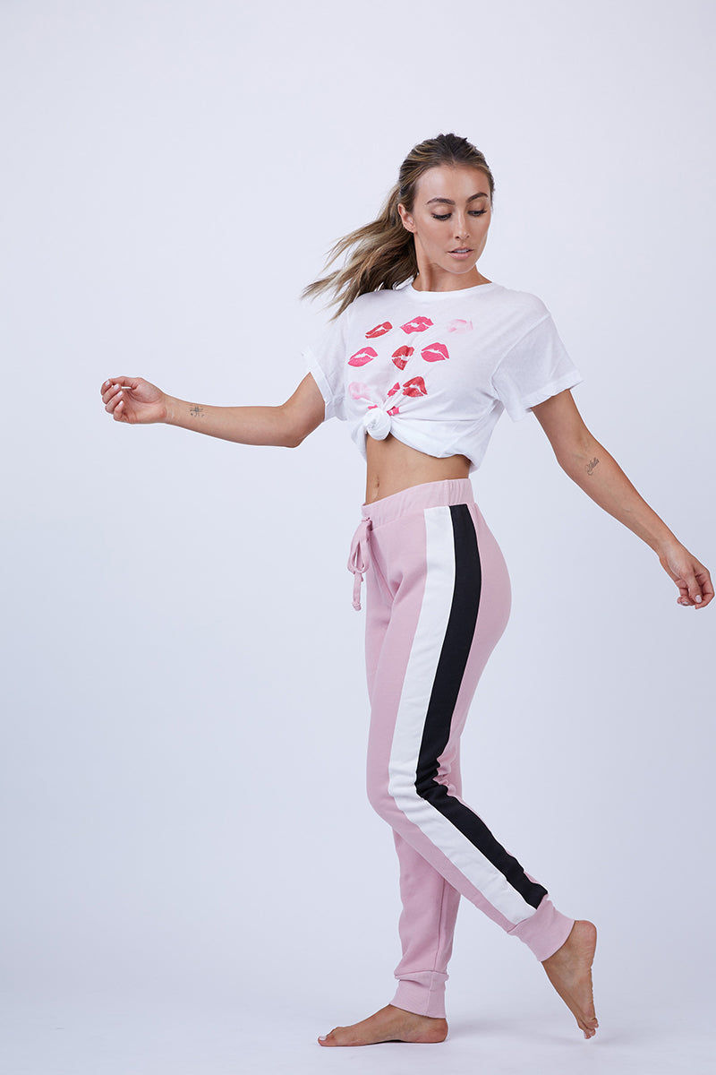 black joggers with pink stripe