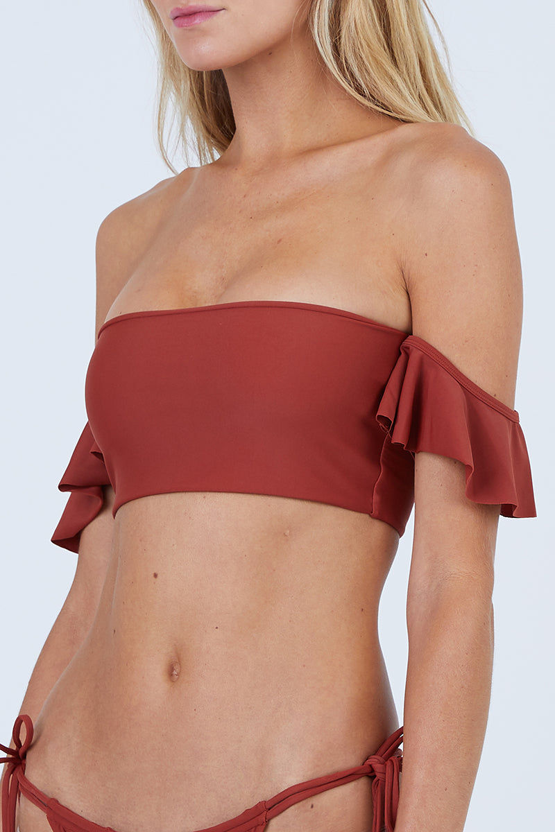 off the shoulder ruffle bikini top