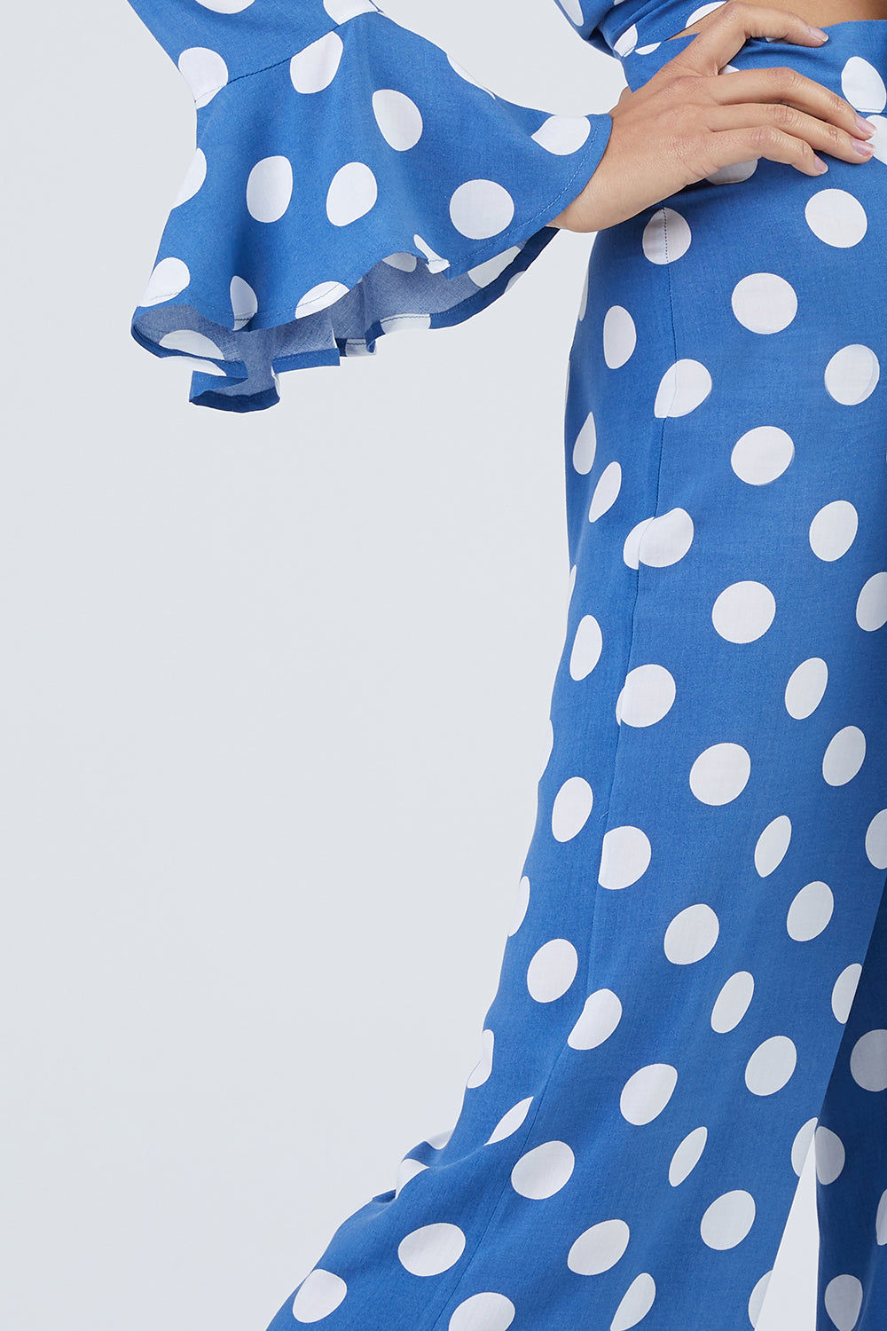 blue and white polka dot top