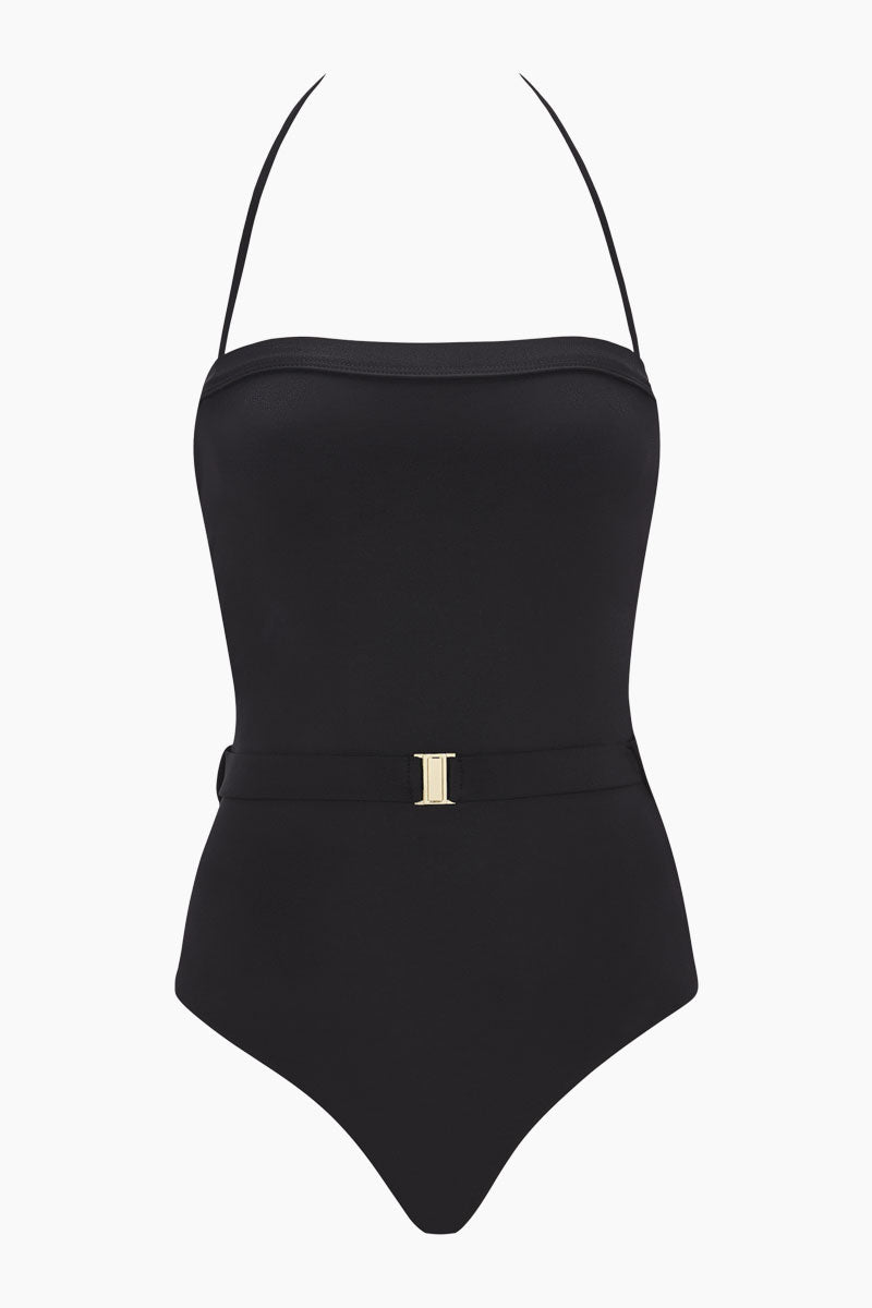 belted black swimsuit