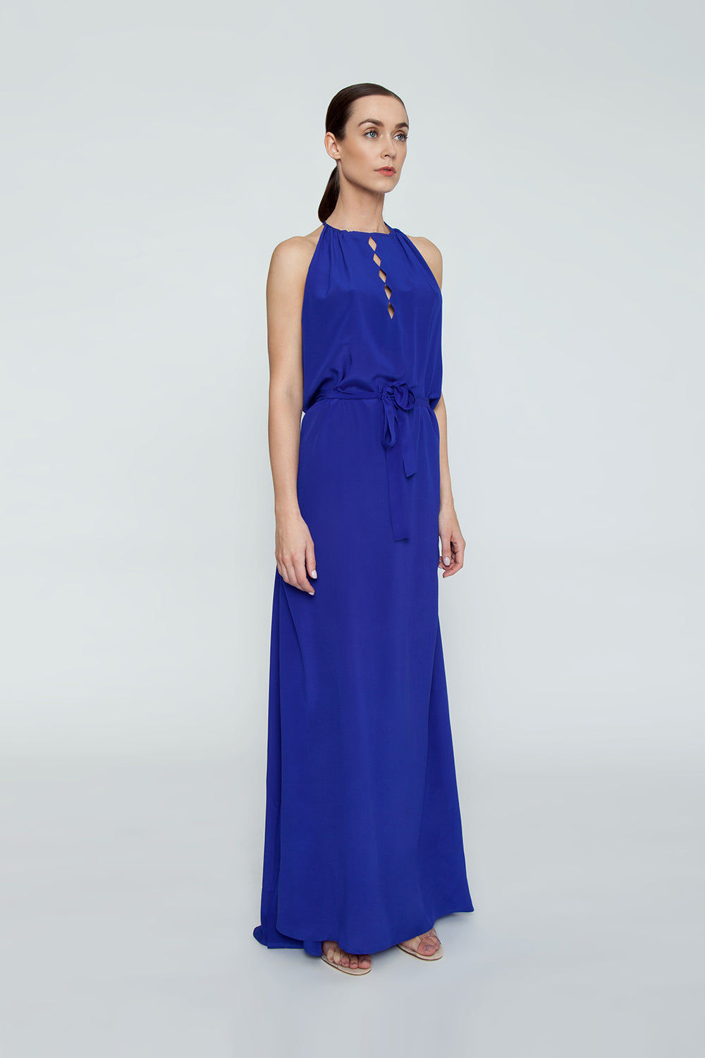 blue silk maxi dress