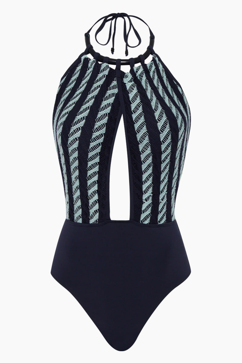 navy halter neck swimsuit