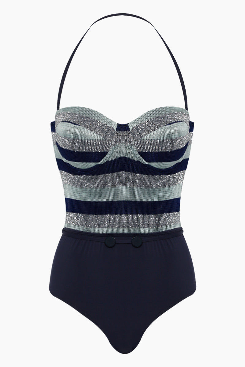 navy halter neck swimsuit