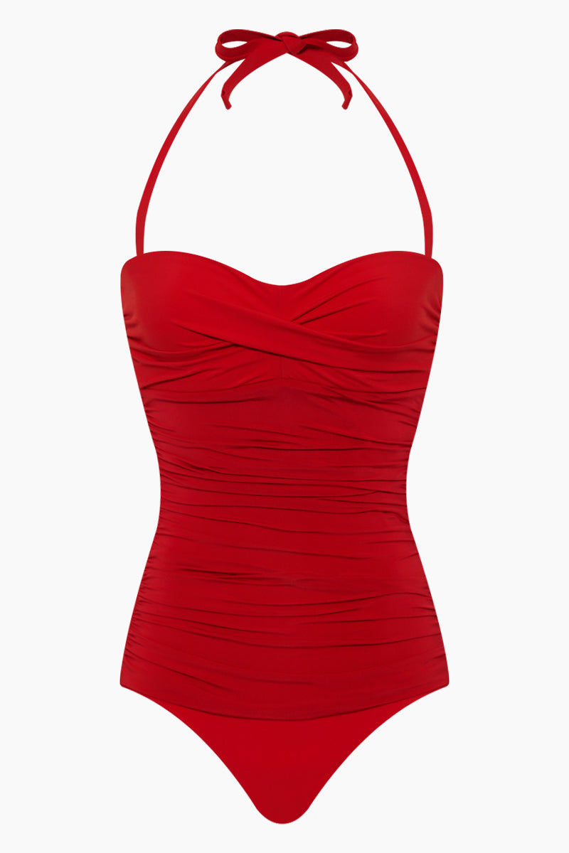 red bandeau one piece swimsuit