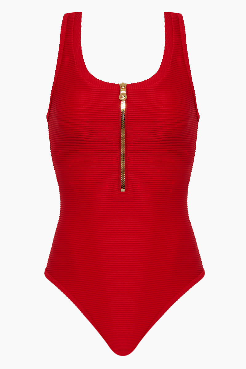red zipper swimsuit
