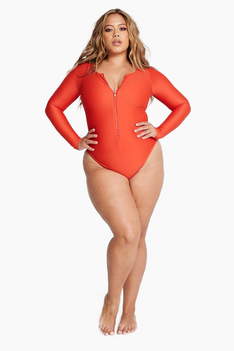 red long sleeve one piece swimsuit