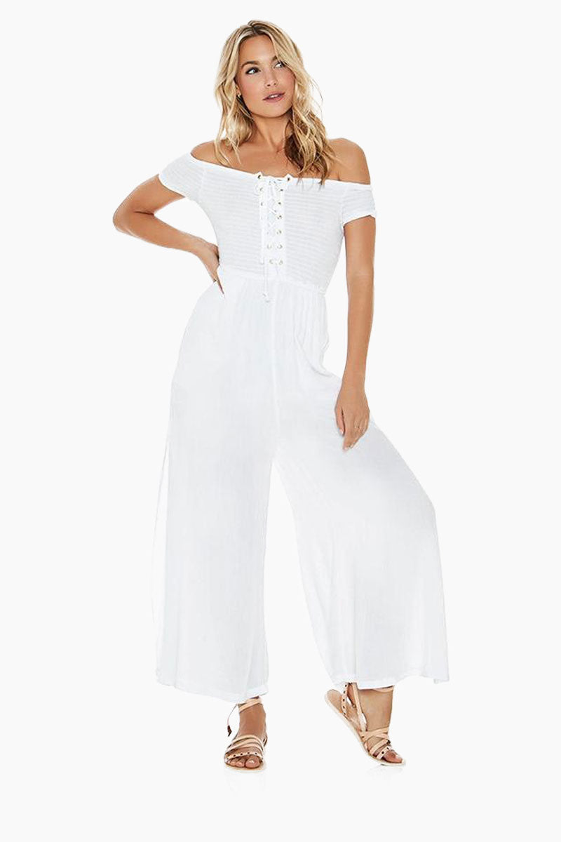 white cold shoulder jumpsuit