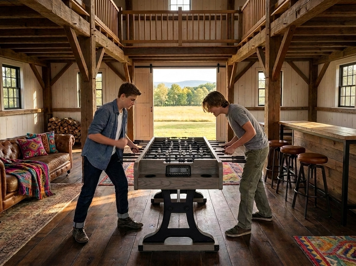 A foosball table in a timber barn opening onto a field
