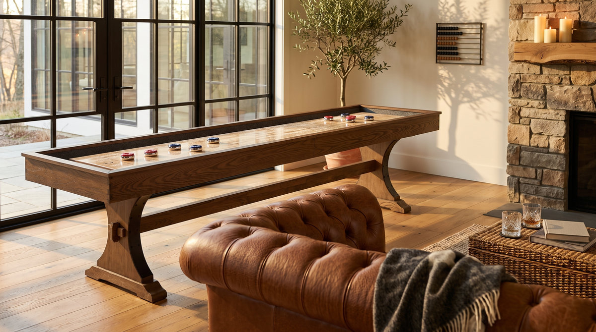 A shuffleboard table beside a stone fireplace in a sunlit room
