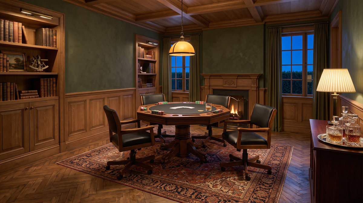 An octagonal game table with leather caster chairs in a panelled library
