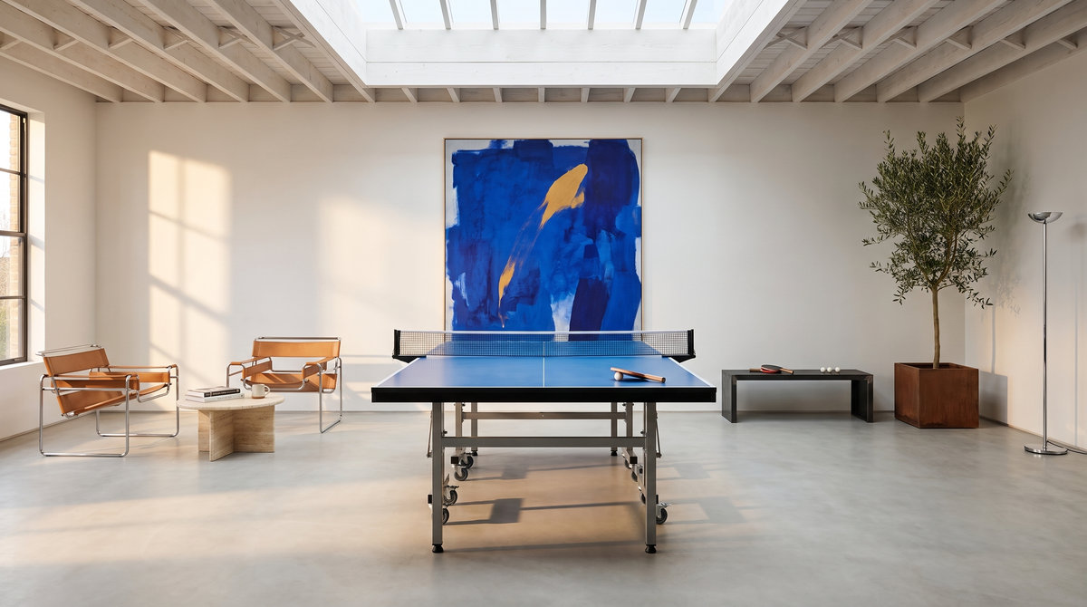 A table tennis table in a skylit room with a large blue canvas