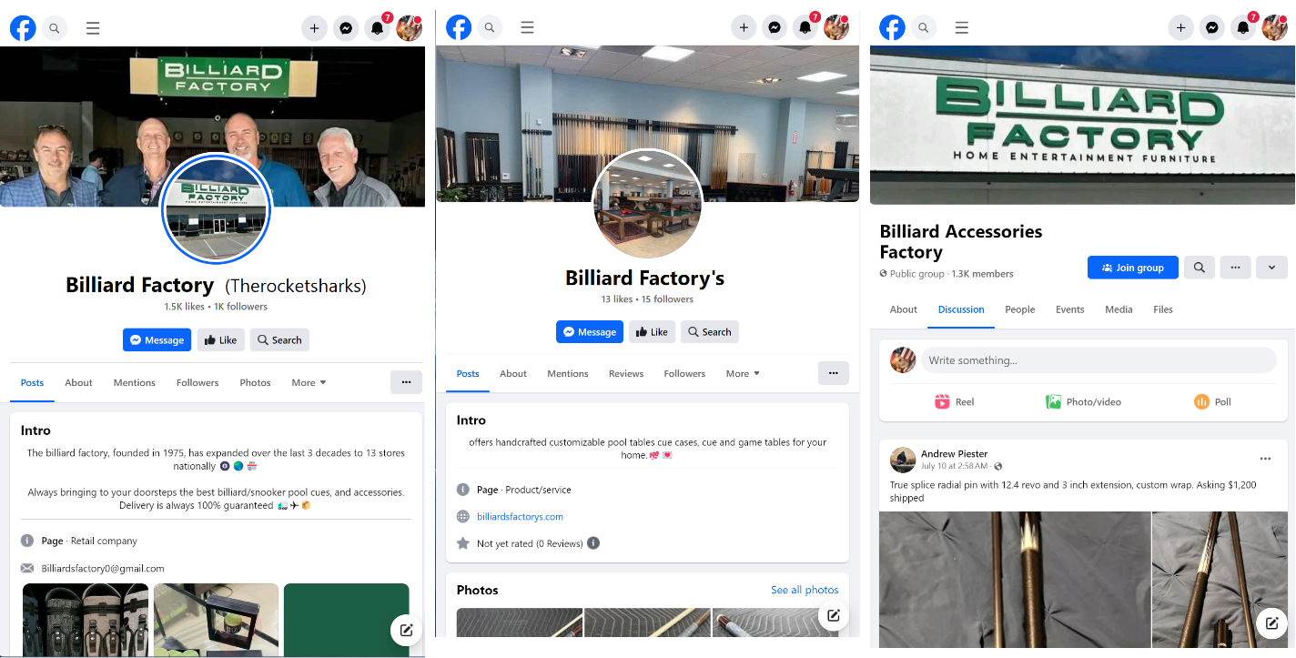 Fraudulent Billiard Factory social media profiles and groups