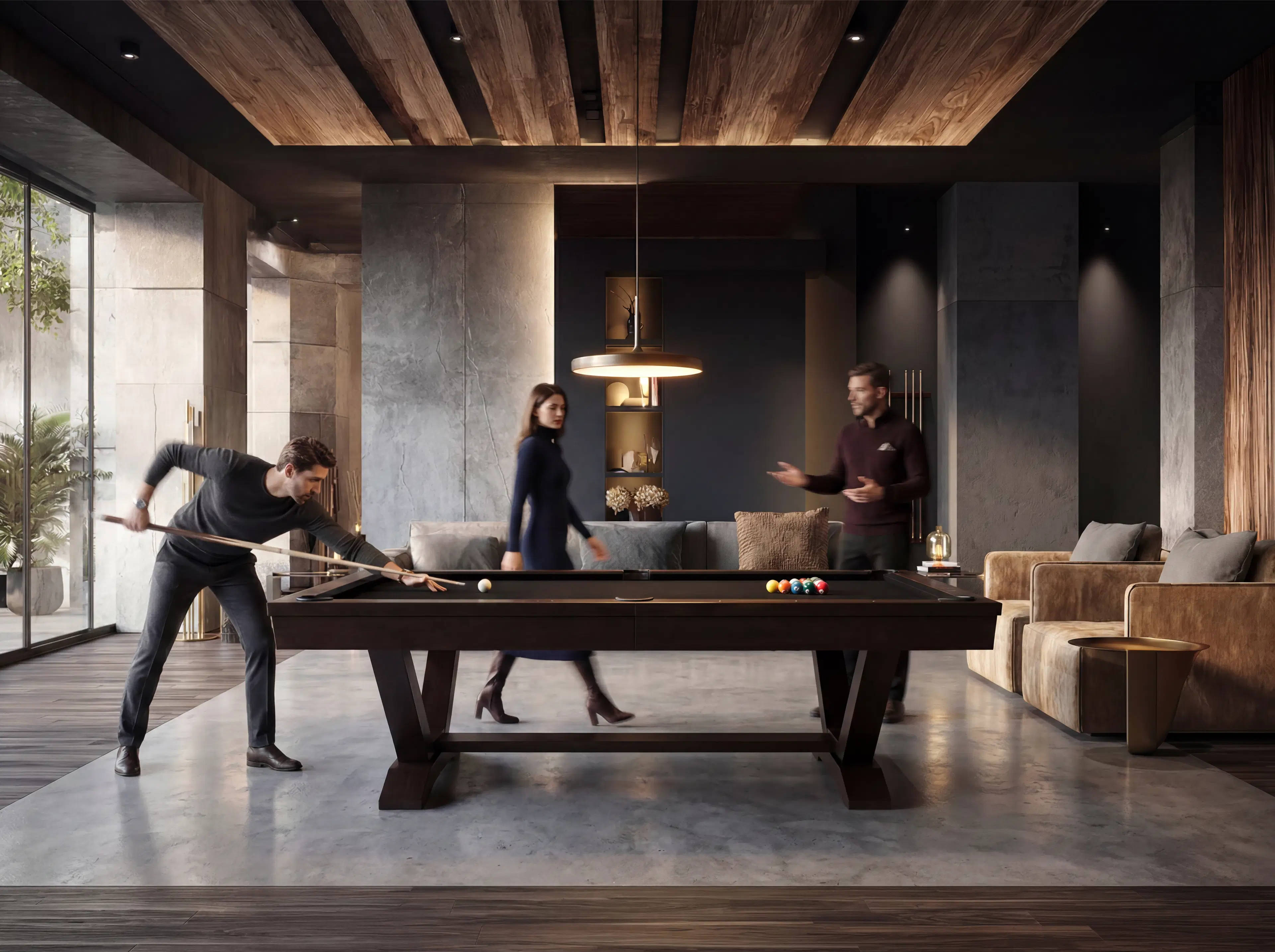 Skylar pool table in a dark modern living room, C.L. Bailey & Co.