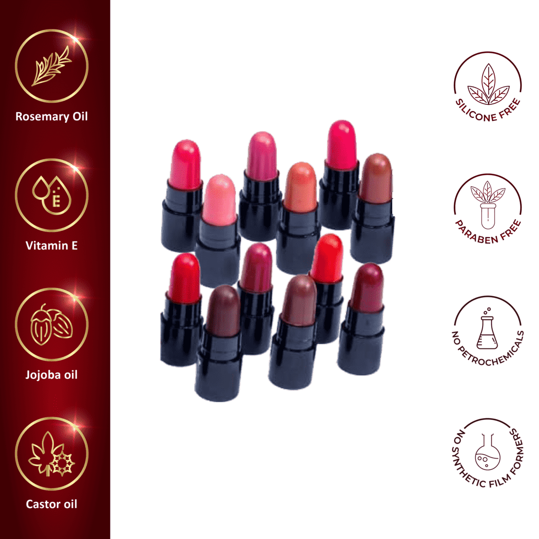 BioMuni Ayurvedic & Natural Creamy Matte Lip Hydrating & Moisturizing Minis Lipsticks Set for Women | Jojoba, Castor and Rosemary Oil With Vitamin E | Proudly the Biggest Mini Lipstick Combo Pack 