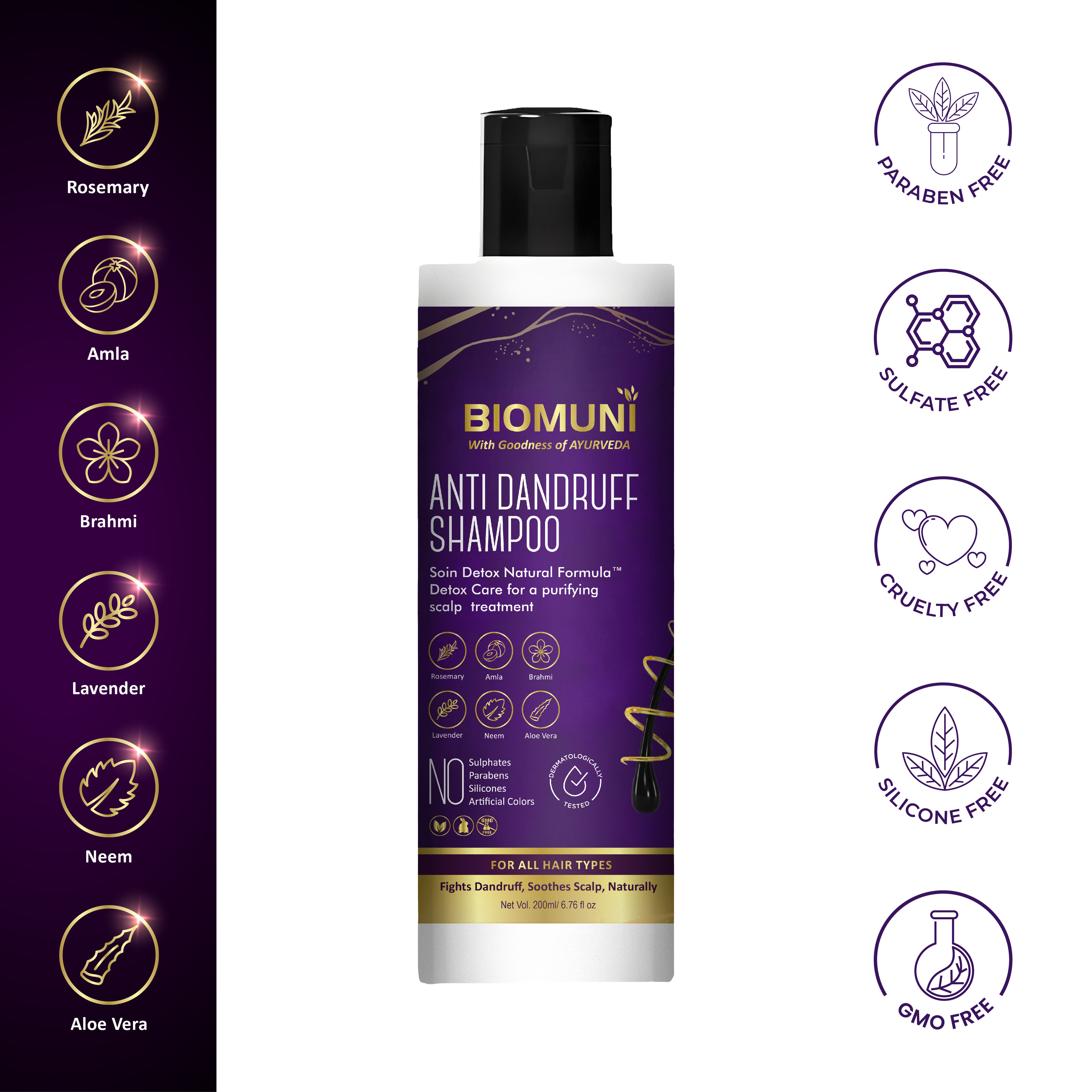 BioMuni Natural and Ayurvedic Anti Dandruff Shampoo for Itch Relief & Scalp Health, Sulphate & Paraben Free| Soin Detox Natural Formula | Rosemary, Amla,  Brahmi,  Neem,  Ylang Ylang, Lavender, Aloe Vera | For Women & Men | 200 ml