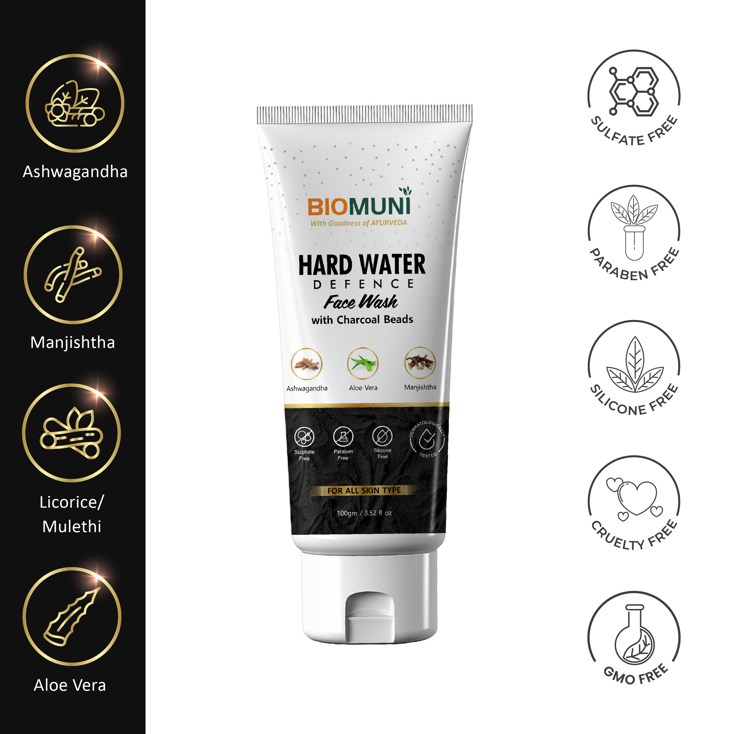 BioMuni Natural and Ayurvedic Hard Water Defence Facewash With Charcoal Beads, Ashwagandha, Aloe Vera, Manjishtha | Oil Control, Anti-Acne, Anti-Pollution, Anti-Ageing Face Wash (100Ml)
