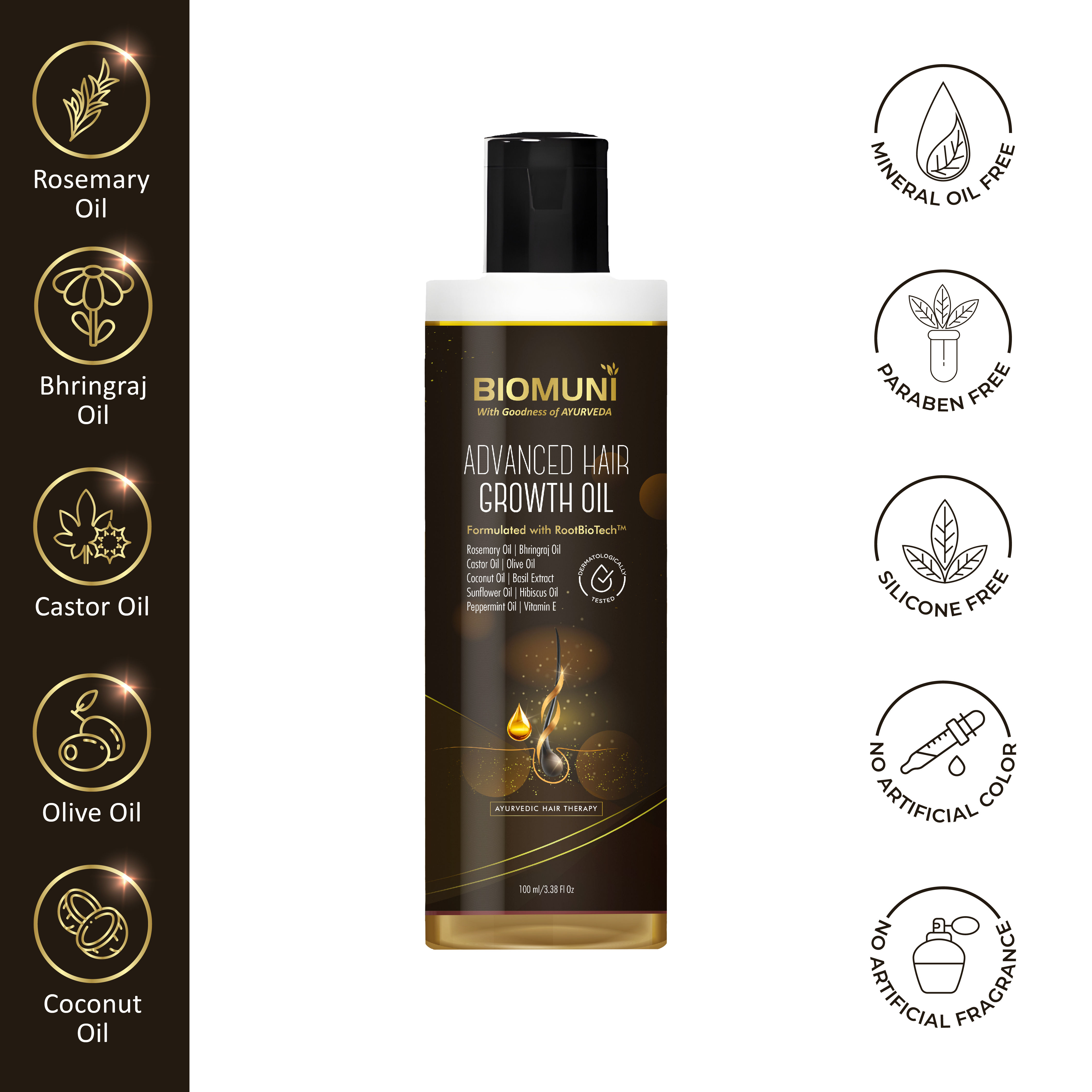 BIOMUNI Advanced Hair Growth Oil  with Rosemary + Bhringraj + Castor + Olive + Coconut + Basil + Sunflower + Hibiscus + Peppermint + Vitamin E | Mineral Oil Free | For Men & Women |100 ml 