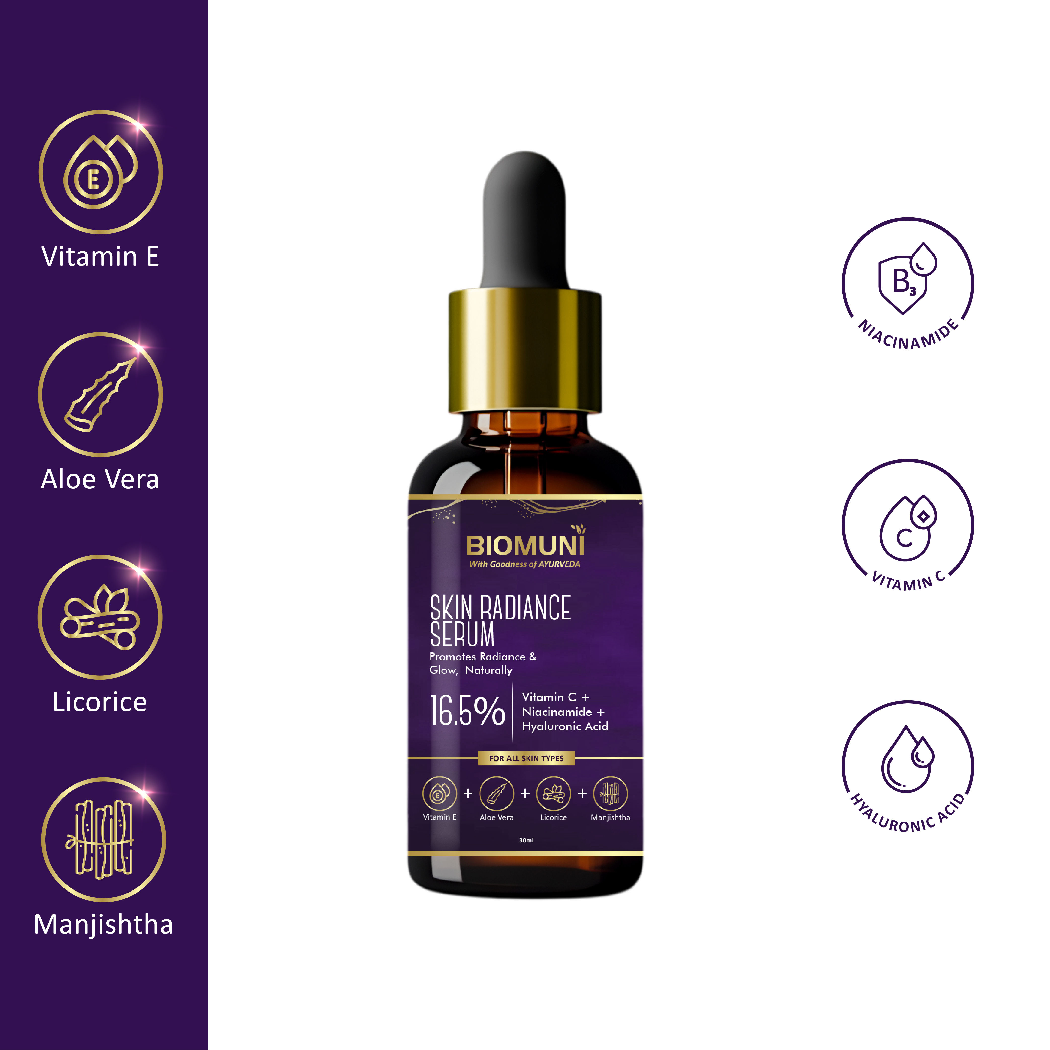 BIOMUNI Skin Radiance Vitamin C Face Serum for All Skin Types | 16.5% Vitamin C + Niacinamide + Hyaluronic Acid | Aloe vera + Licorice + Manjishtha +Vitamin E | For Women & Men | 30 ml