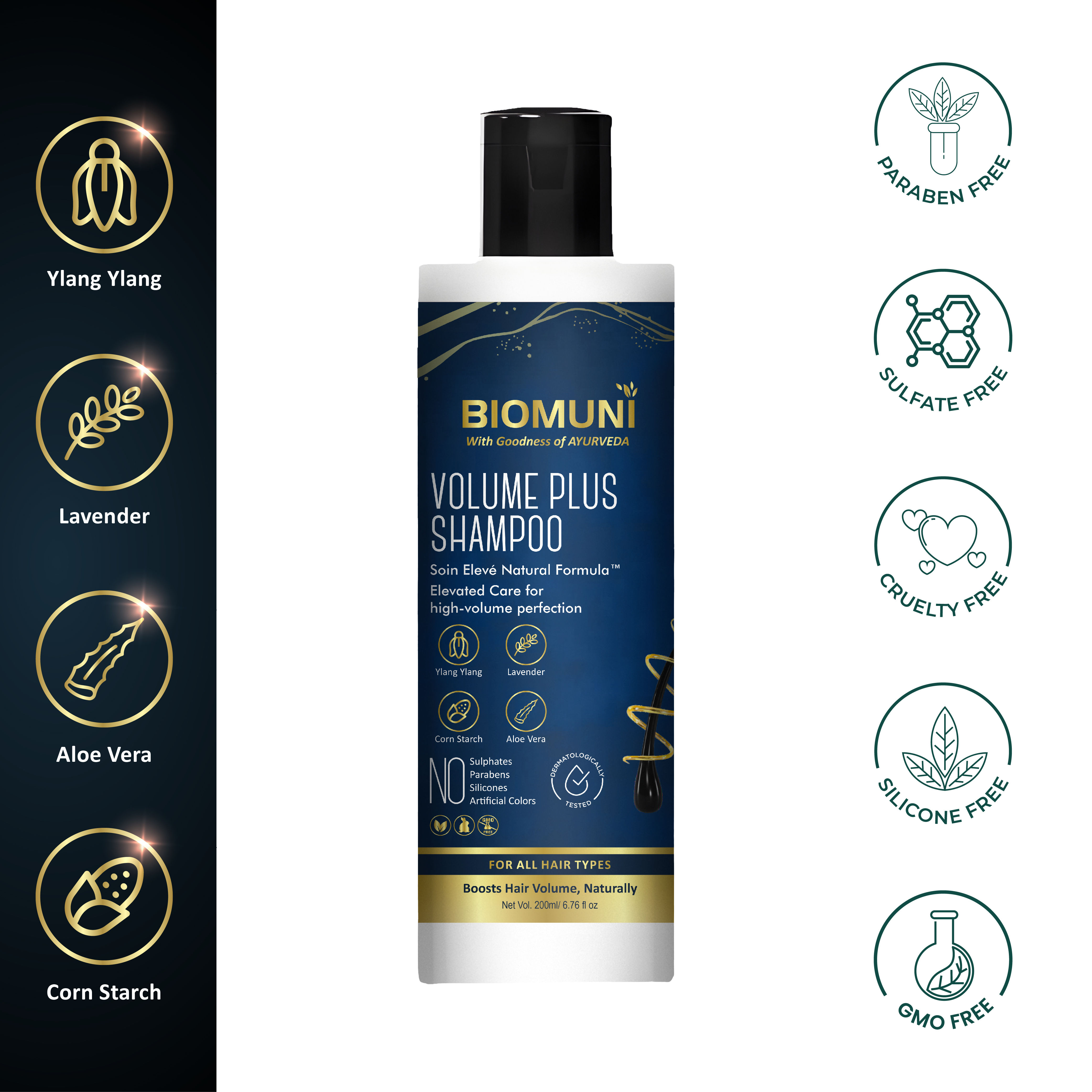 BIOMUNI Volume Plus Shampoo| Soin Élevé Natural Formula™ |Ylang Ylang + Lavender + Corn Starch + Aloe Vera | Sulphate & Paraben Free Shampoo | For Women & Men | 200 ml