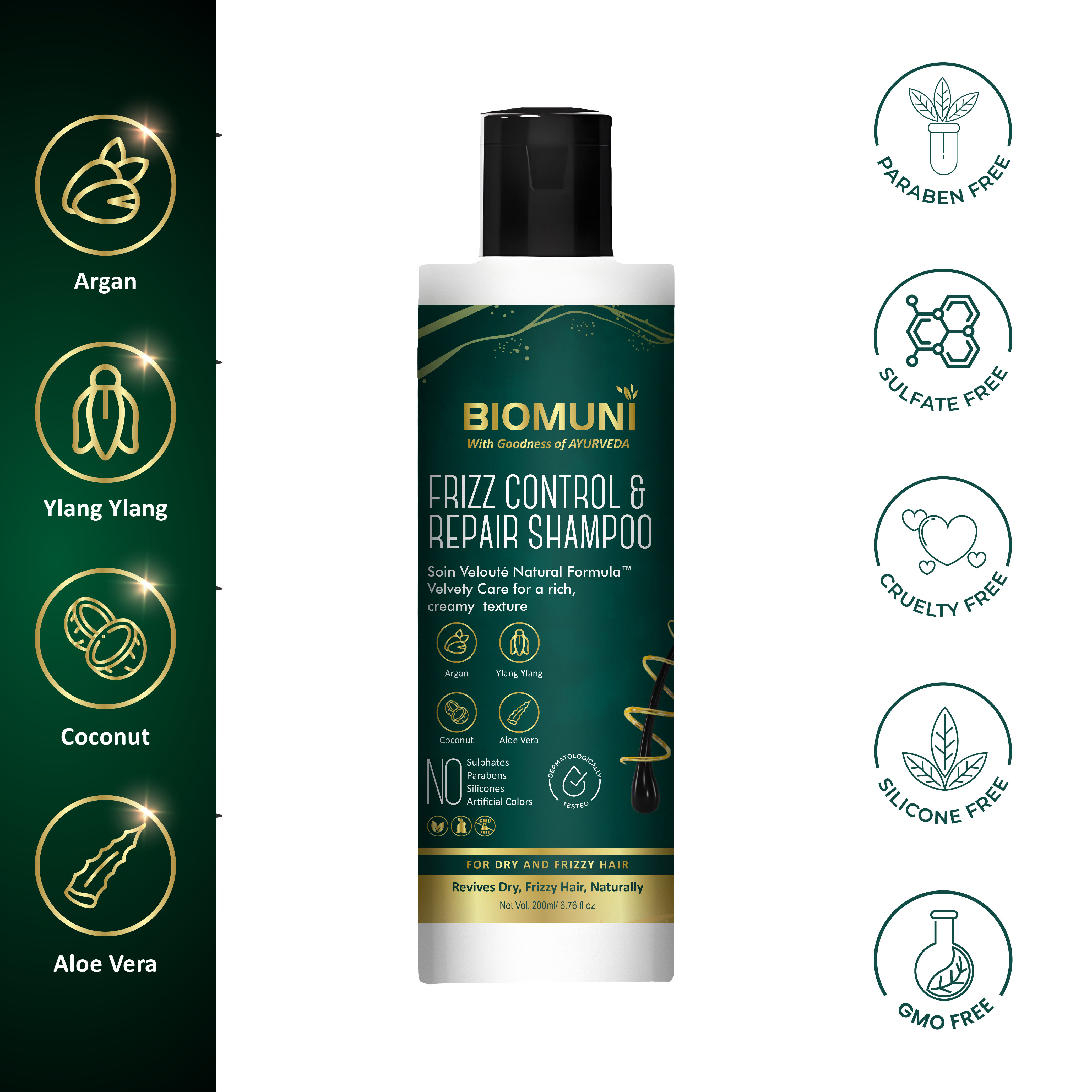BIOMUNI Frizz Control & Repair Shampoo| Soin Velouté Natural Formula™ | Argan + Ylang Ylang + Coconut + Aloe Vera | Sulphate & Paraben Free Shampoo | For Women & Men | 200 ml