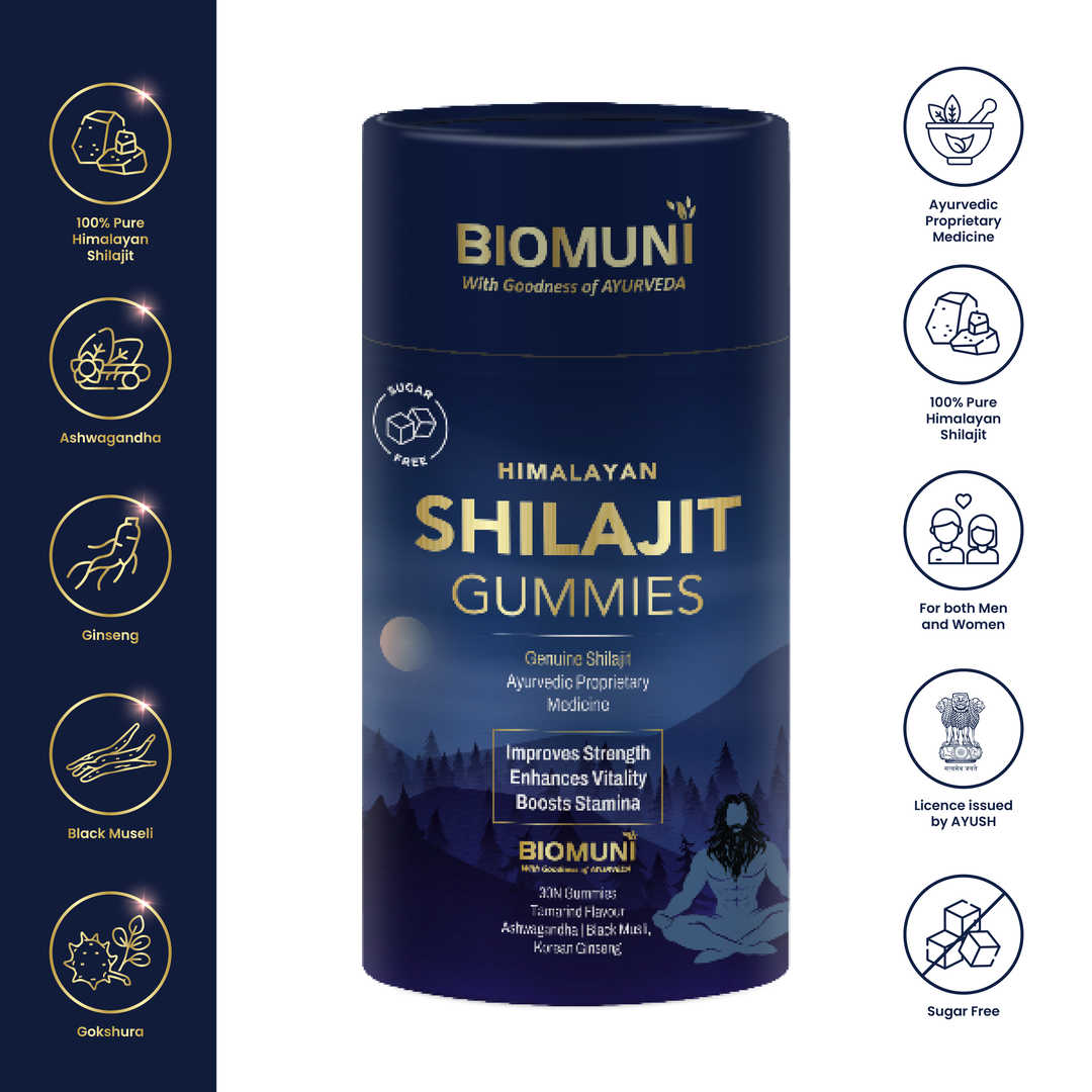 BioMuni Pure Himalayan Shilajit Gummies | 100% AYURVEDIC | Certified by AYUSH | Sugar Free | Truextracts® Pure Shilajit, Ashwagandha, Black Musli, Gokhru, Ginseng, Ginger, Kaunch, Akarkara | Boosts Stamina, Strength & Improves Energy Levels | Pack of 30