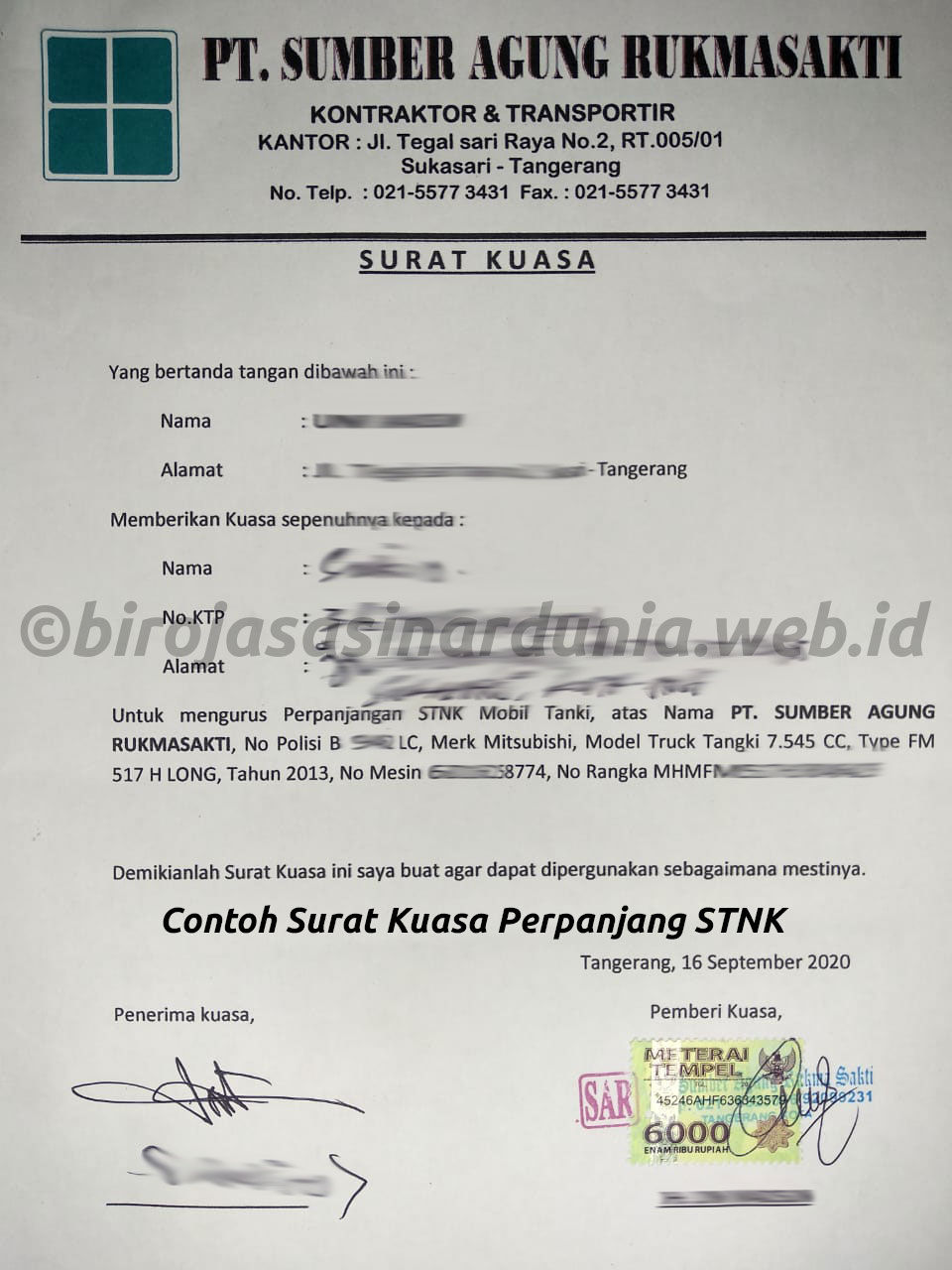 Contoh Surat Kuasa Perpanjang STNK