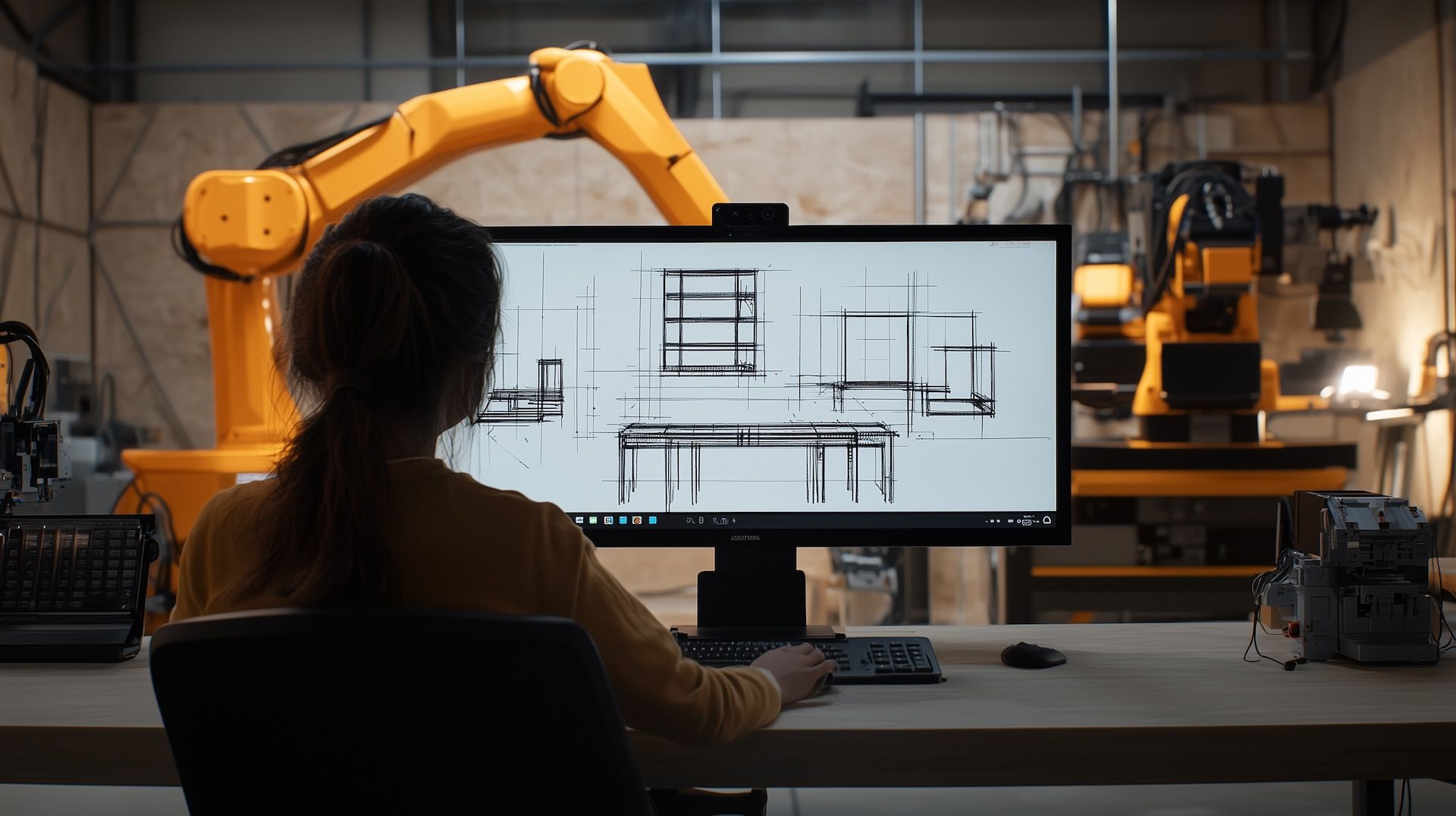a girl working with custom furniture application and robots in the background are manufacturing everything