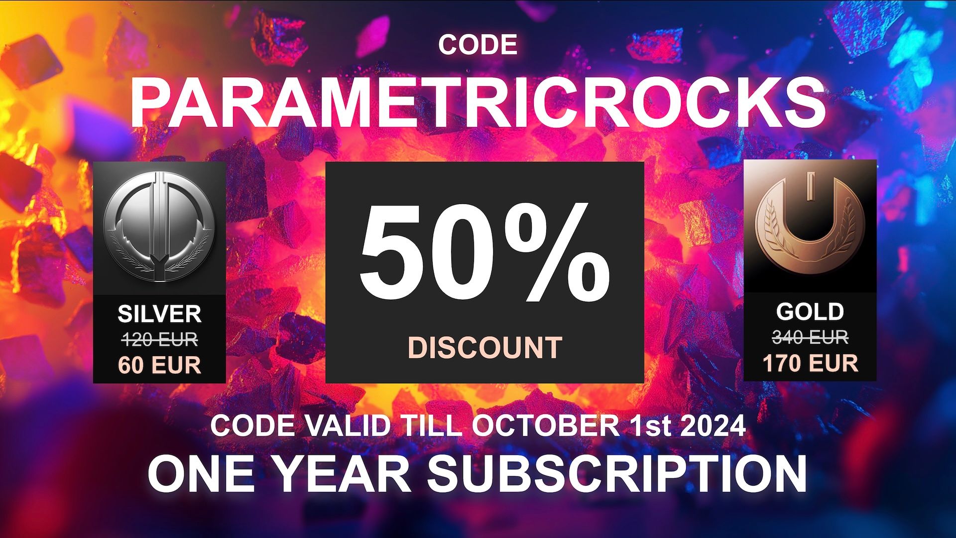 Coupon code advertisement for 50% discount