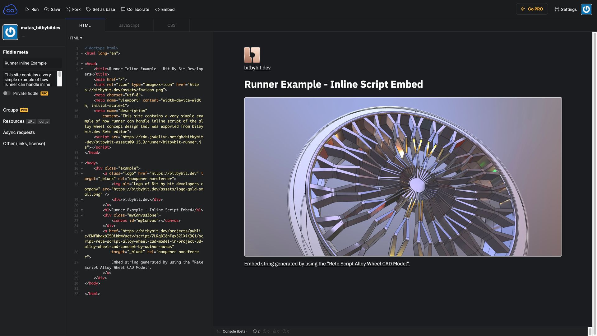 The image showing JSFiddle code editor with produced output of the alloy wheel.