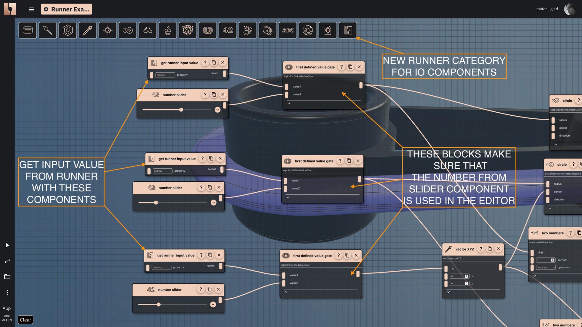 The image showing Rete editor components that read the inputs of the runner when executed in the runner.